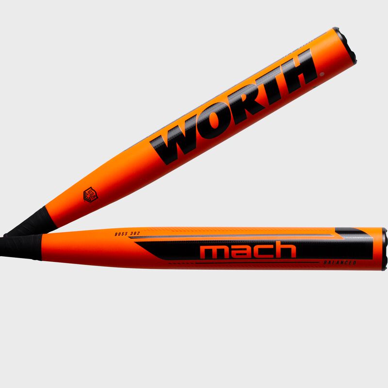 Two views of an orange 2021 Mach 1 Boss 302 USA balanced bat with the Mach logo on one side and Worth logo on the other - SKU: WM21BA loading=